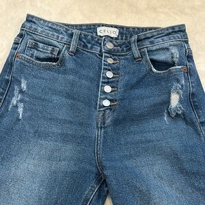 Button Front Distressed Flare Jeans